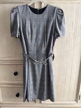 Express Gray Plaid Midi Dress with Puff Sleeves